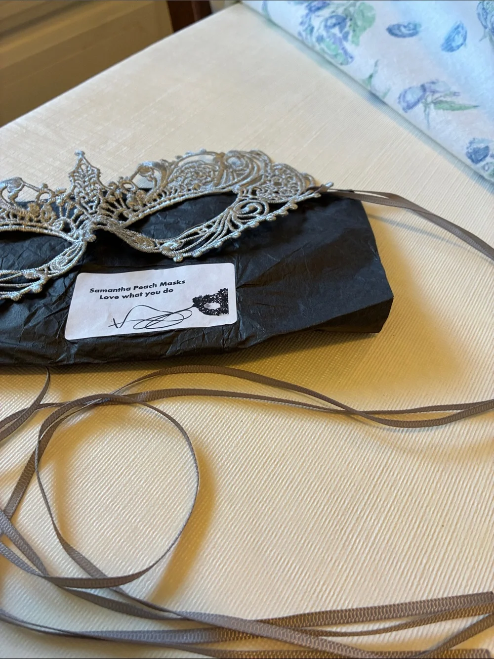 Samantha Peach Silver Lace Venetian Masquerade Mask with Ribbon Tie